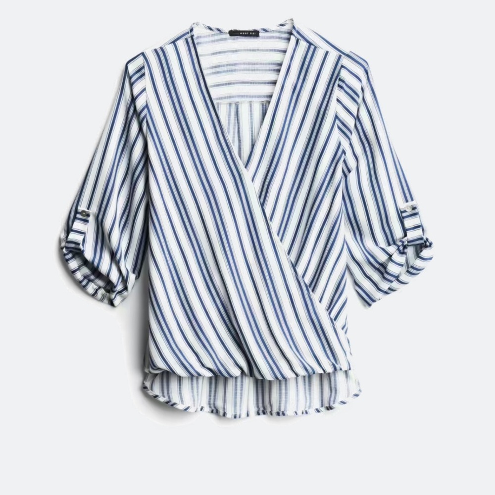 West Kei Blue and White Striped Wrap Blouse